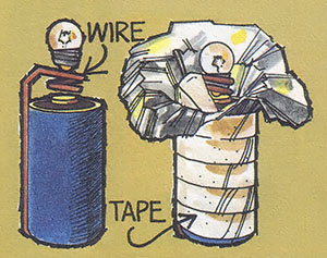 A battery, a small light bulb, a piece of copper wire, and tape are all you need to make an improvised flashlight.